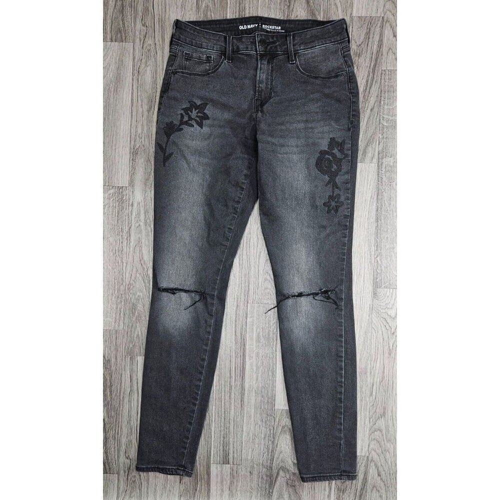 Old Navy Rockstar Mid Rise Floral Embroidery Skinny Black Grey Jeans